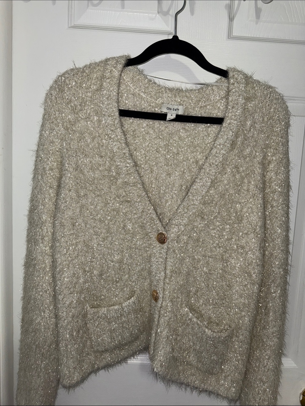 Macys On 34th Cream Textured Metallic V-Neck Button Cardigan